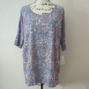 LuLaRoe Blue and Orange Floral Geometric Irma Tunic